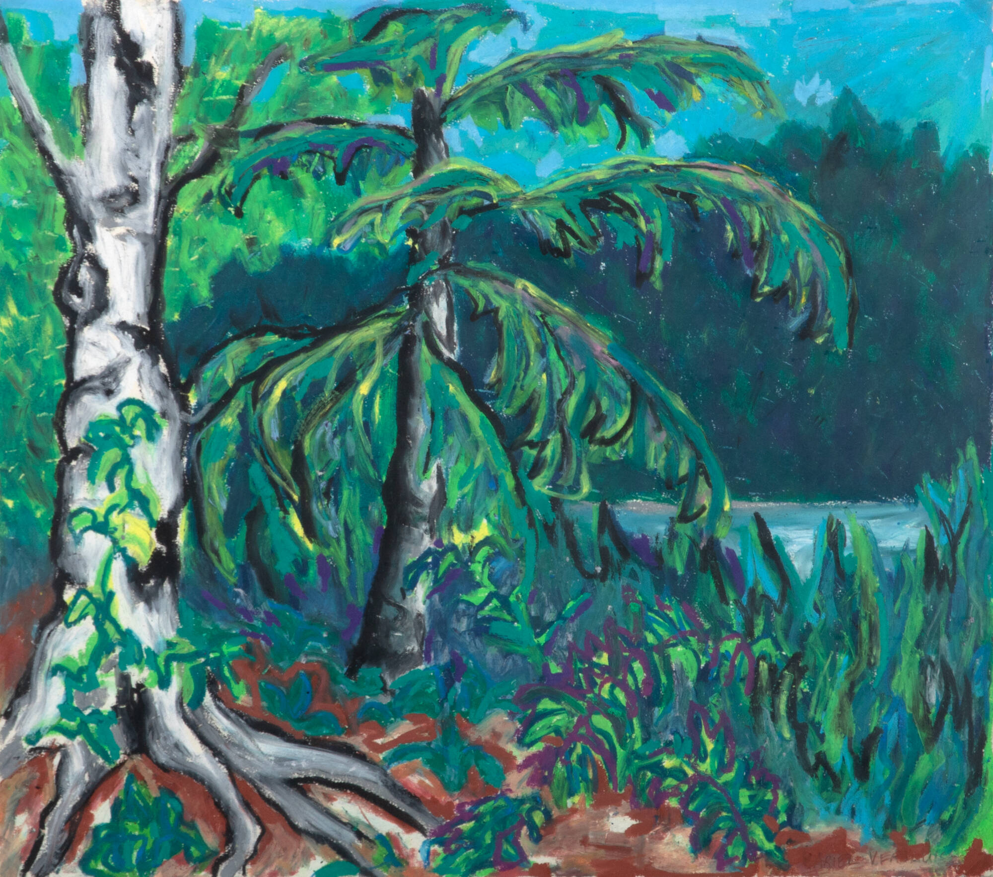 Abstract picture of white tree to the left and a wispy pine in the center with the lake barely visible in the background